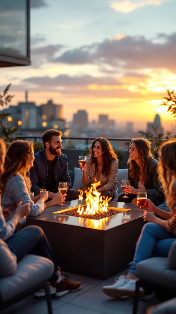 A group of friends enjoying a cozy gathering around a glass fire pit on a rooftop terrace at sunset.