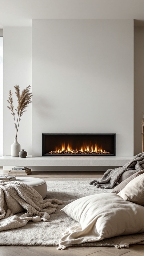 Minimalist living room featuring a linear fireplace and cozy textiles like blankets and pillows.