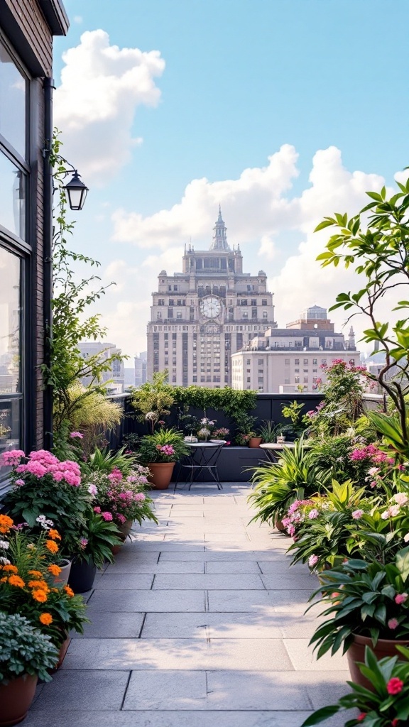 Rooftop terrace adorned with colorful flowers and greenery, overlooking a city skyline.