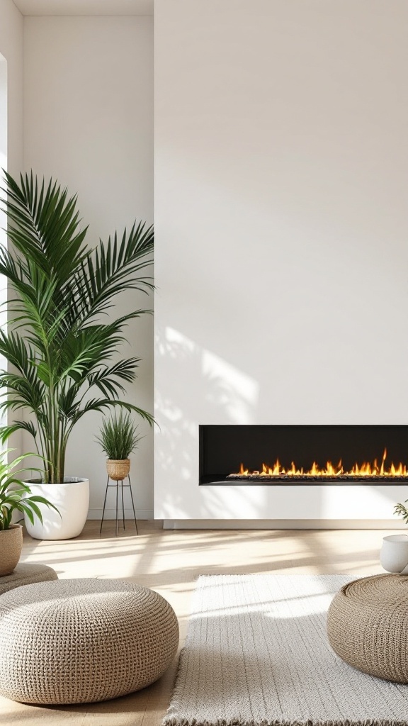 Minimalist living room with linear fireplace and indoor plants