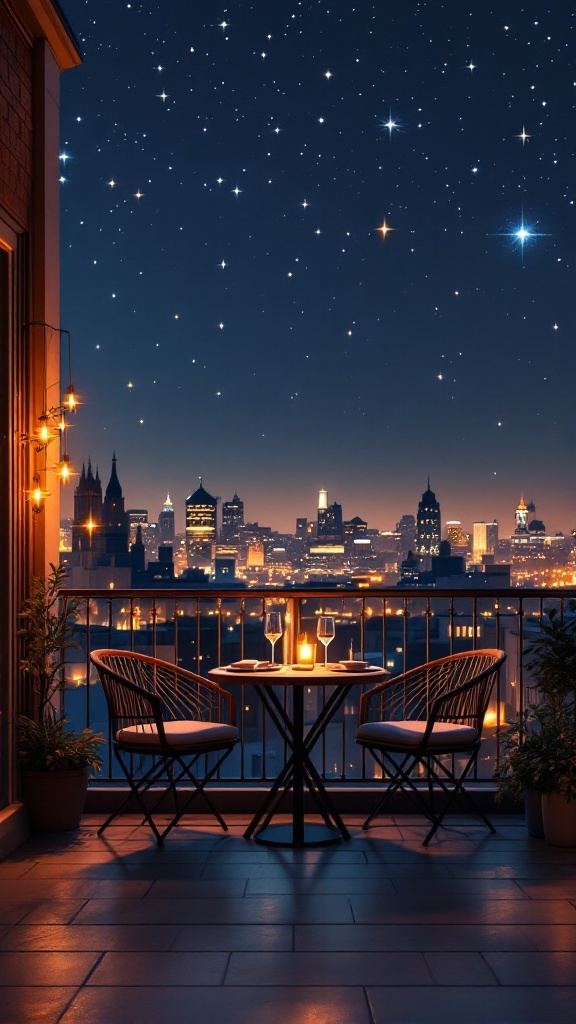 A cozy rooftop dining setup with a table for two, candlelight, and views of a starry night sky and city skyline.