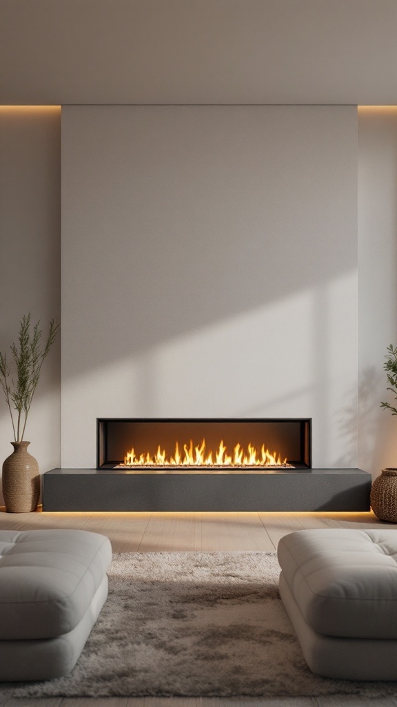 Minimalist living room featuring a linear fireplace with flames, surrounded by plants and cozy furniture.