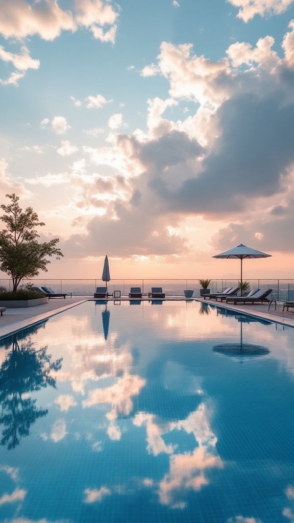 A serene rooftop infinity pool reflecting the sky, surrounded by lounge chairs and a fire pit.