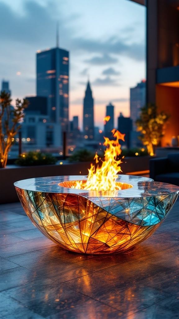 A modern glass fire pit with flames, situated on a rooftop terrace overlooking a city skyline.