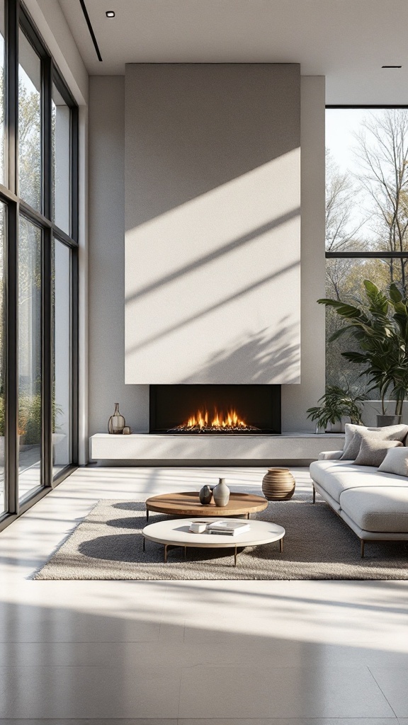 A minimalist living room showcasing a linear fireplace, large windows, and natural light.