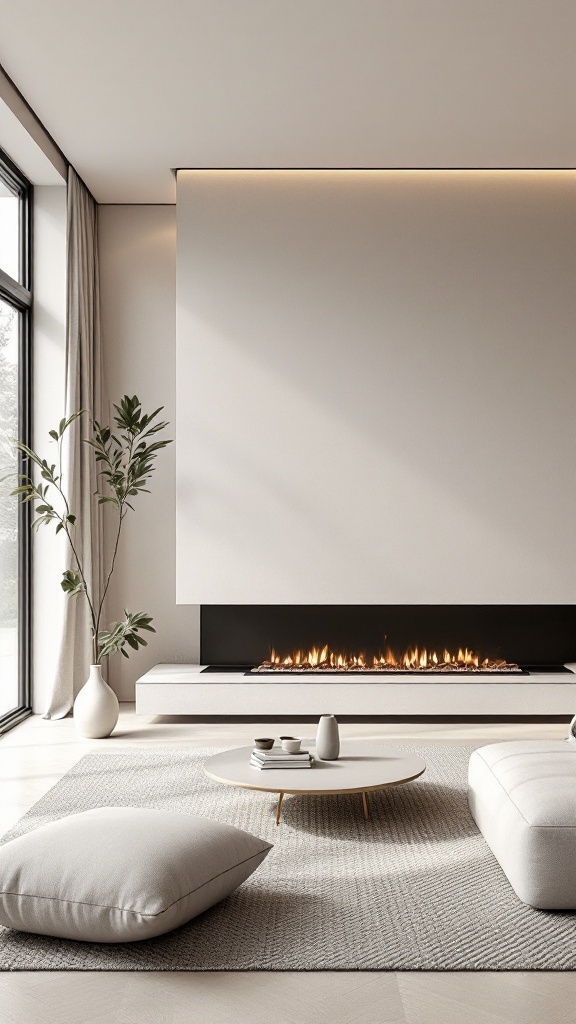 Minimalist living room with a linear fireplace and a neutral color palette