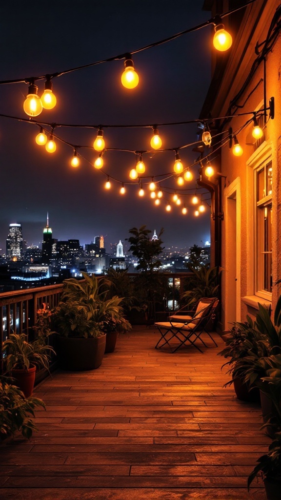 Rooftop terrace with string lights illuminating a cozy seating area and city skyline at night.