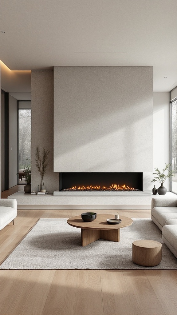 Minimalist living room featuring a linear fireplace, large windows, and natural wood accents