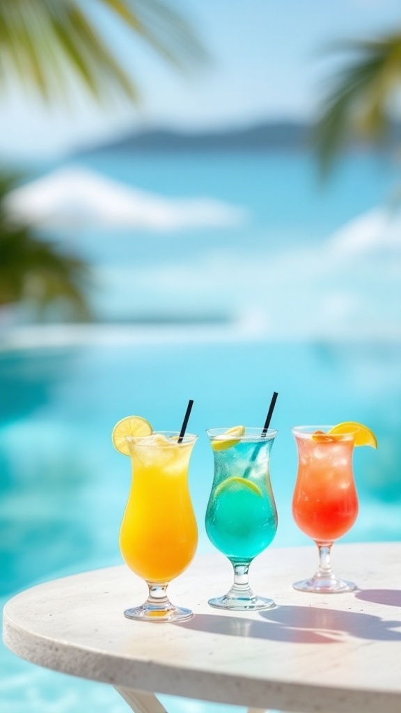 Three colorful cocktails on a table by the infinity pool