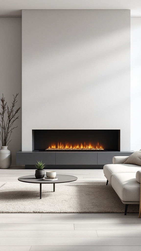 A minimalist living room featuring a linear fireplace, sleek sofa, and round coffee table.