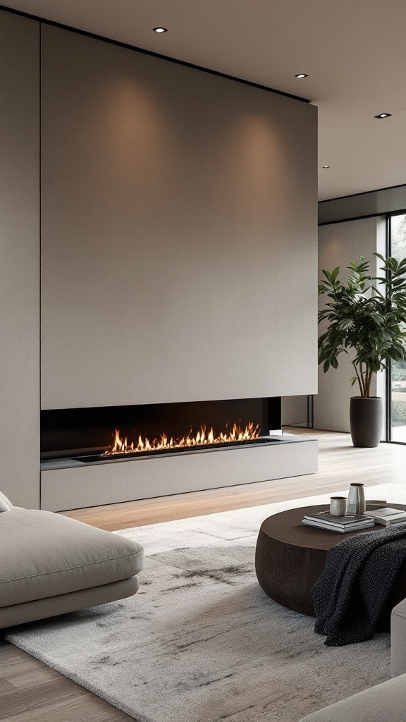 Minimalist living room featuring a linear fireplace, circular coffee table, and a plant