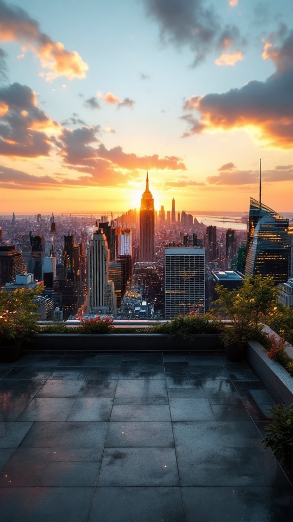 A rooftop terrace featuring a glass fire pit and infinity pool with a view of the sunset over a city skyline