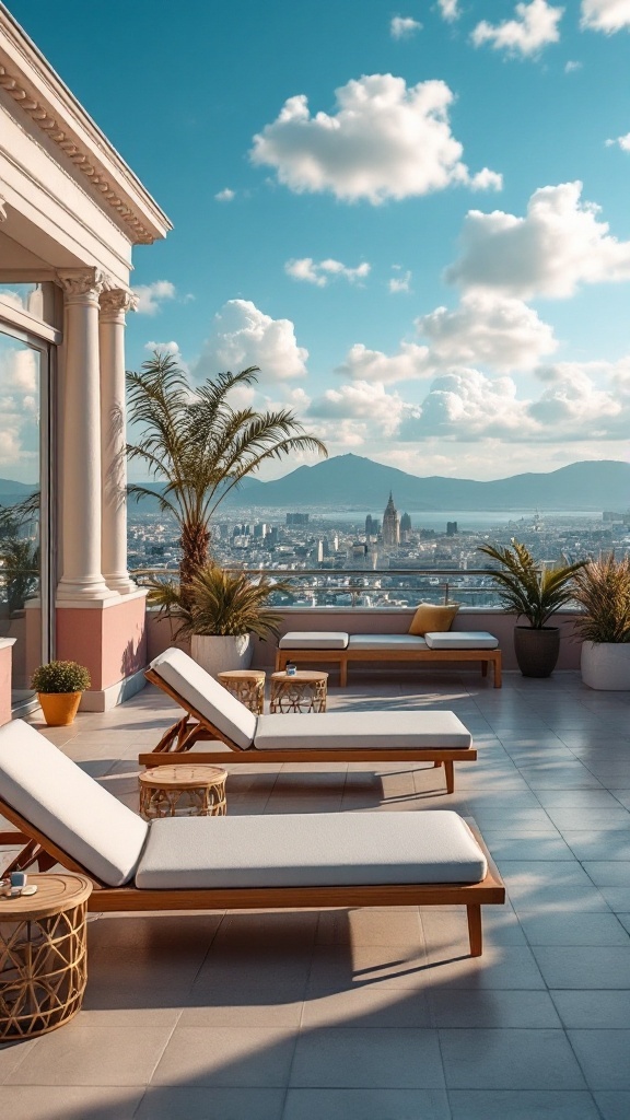 Rooftop terrace with sunbeds, plants, and a view of the city and mountains.