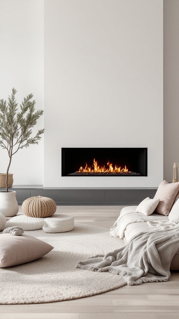 A minimalist living room featuring a linear fireplace with textured accents including pillows and a blanket.