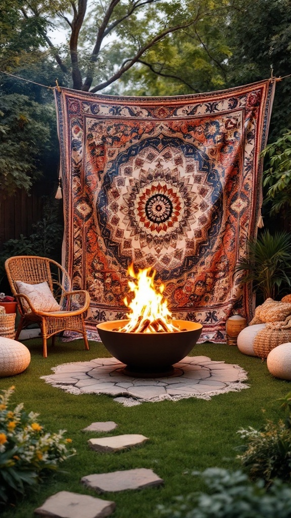 A cozy garden fire pit area with a colorful tapestry backdrop, surrounded by greenery and comfortable seating.