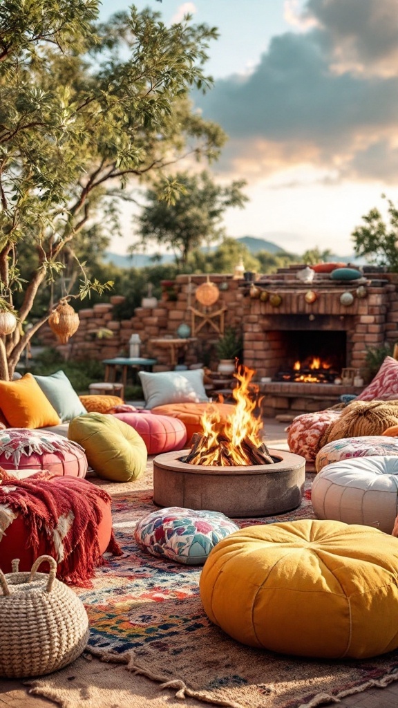 A cozy boho chic garden scene with colorful poufs and textiles around a fire pit.