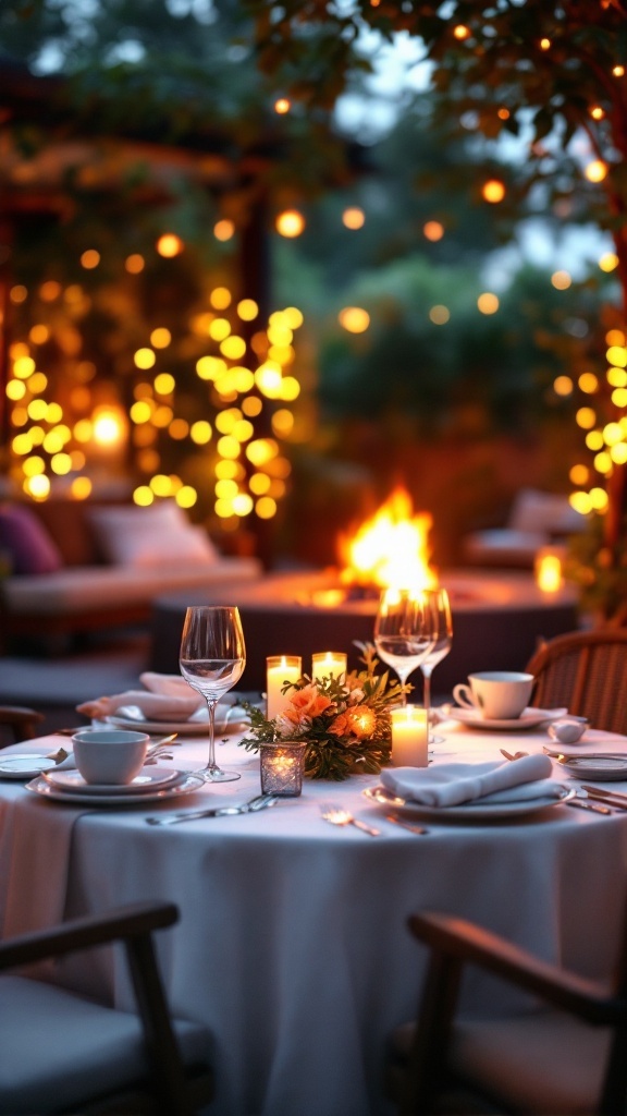 A cozy al fresco dining setup featuring a fire pit and soft lighting.