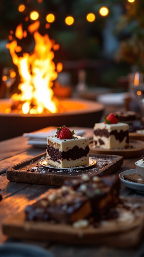 Image of desserts beside a fire pit featuring cake slices and a crackling fire in the background