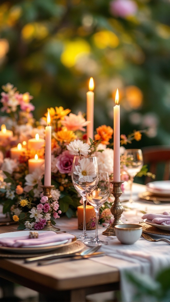 An elegant al fresco dining setup with a floral centerpiece and glowing candles.