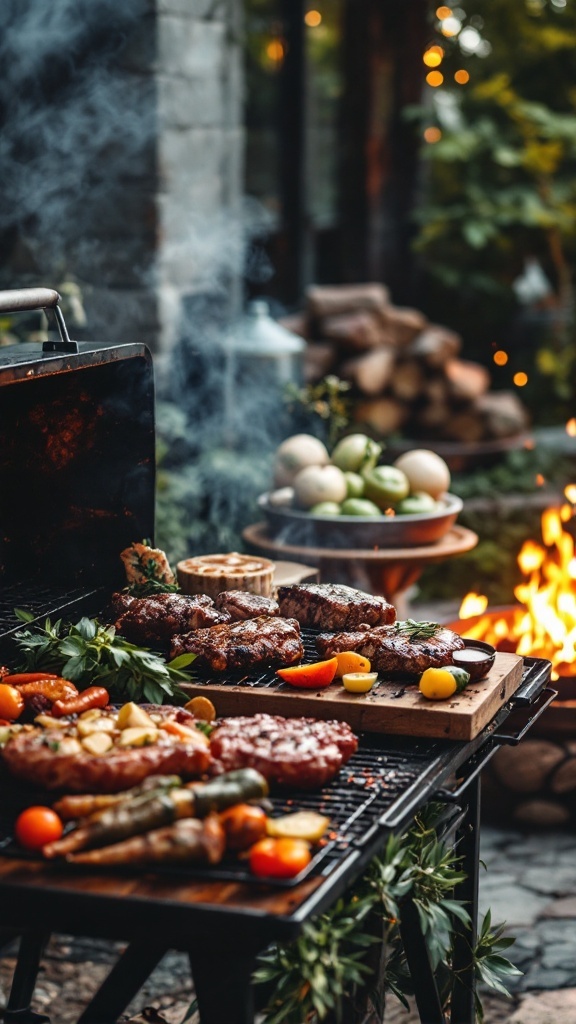 A grill with various meats and vegetables cooking outdoors next to a fire pit.