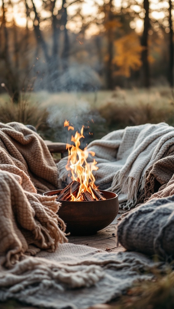 A cozy outdoor scene featuring a fire pit surrounded by handwoven blankets and throws, set in a tranquil garden.