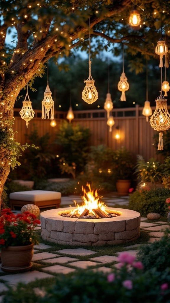 A cozy garden scene featuring a fire pit surrounded by hanging macrame lanterns and blooming flowers.