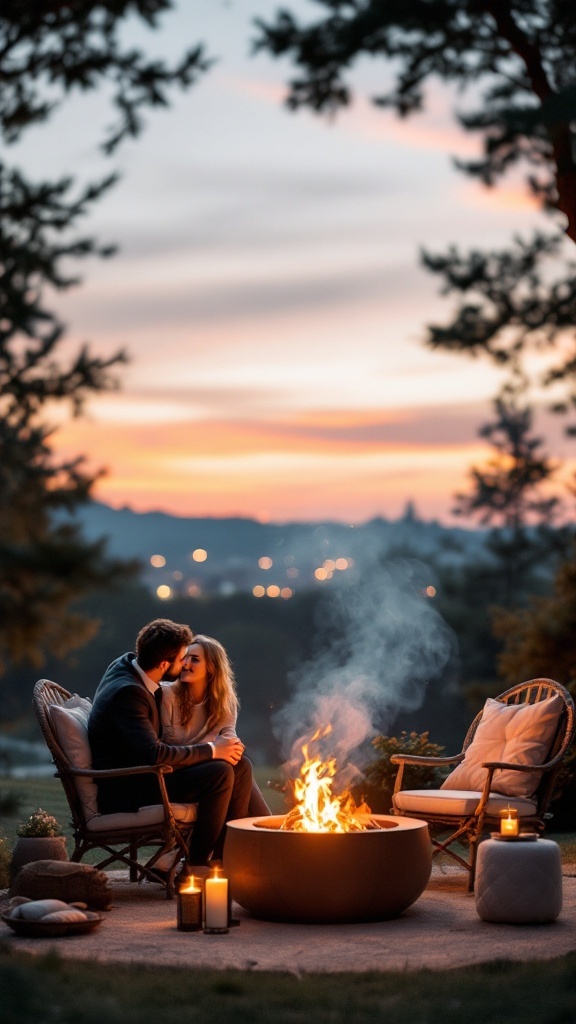 A couple sharing an intimate moment by a fire pit during sunset, surrounded by candles.