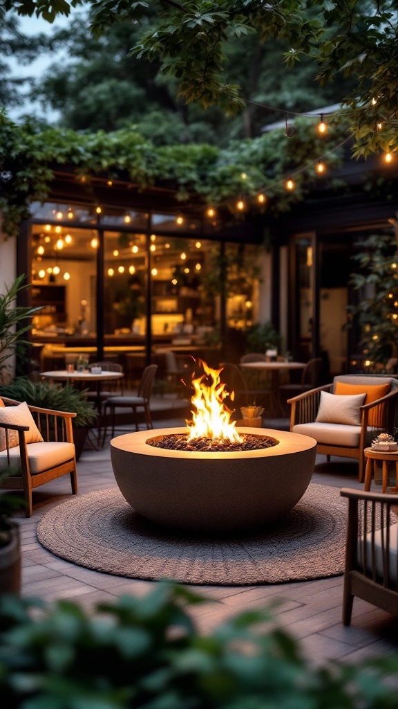 Cozy outdoor space featuring a round fire pit, comfortable seating, and string lights.