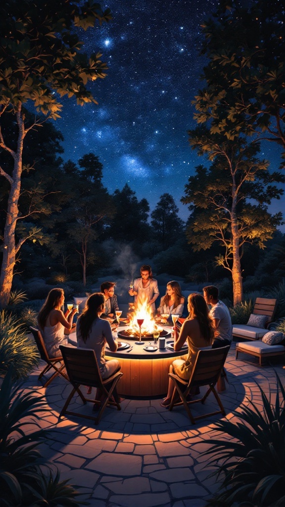 Group of friends enjoying cocktails around a fire pit under a starry sky