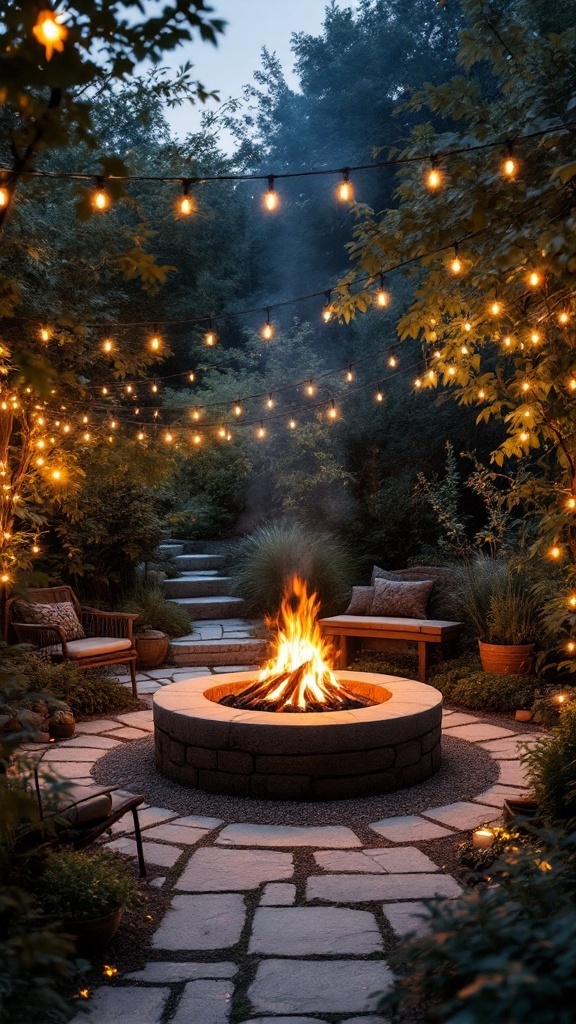 A cozy garden fire pit surrounded by string lights, creating a warm ambiance.