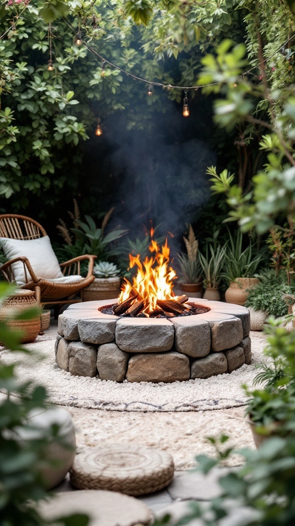 Cozy garden fire pit surrounded by greenery and decorative elements