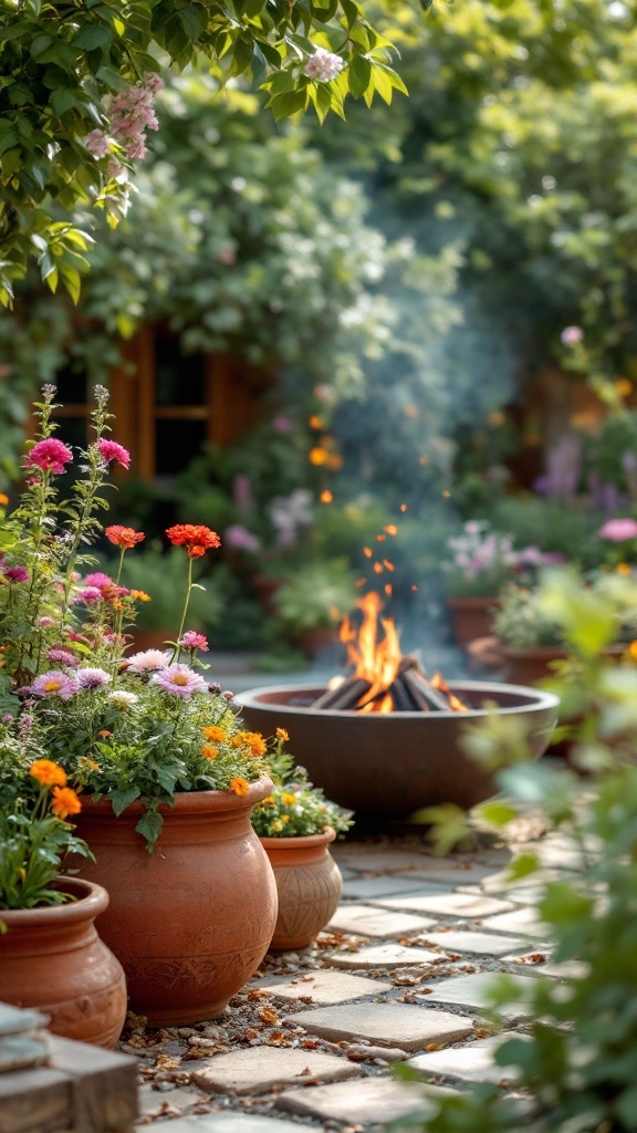 A cozy garden scene featuring terracotta planters with seasonal flowers and a fire pit.