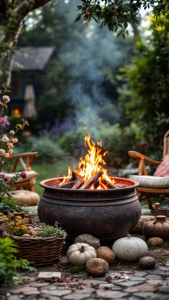 A vintage-inspired fire pit surrounded by flowers, pumpkins, and rustic decor, creating a cozy garden atmosphere.