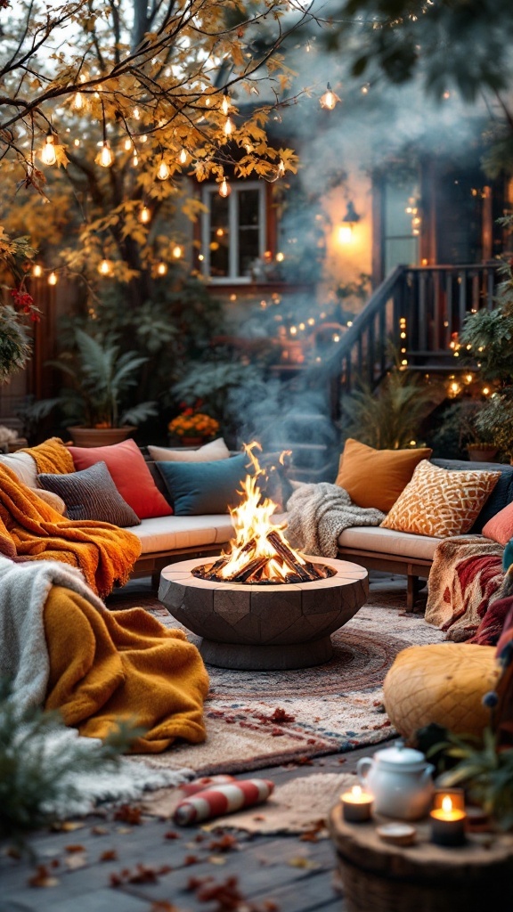 Cozy al fresco dining setup with warm throws and cushions around a fire pit, decorated with string lights