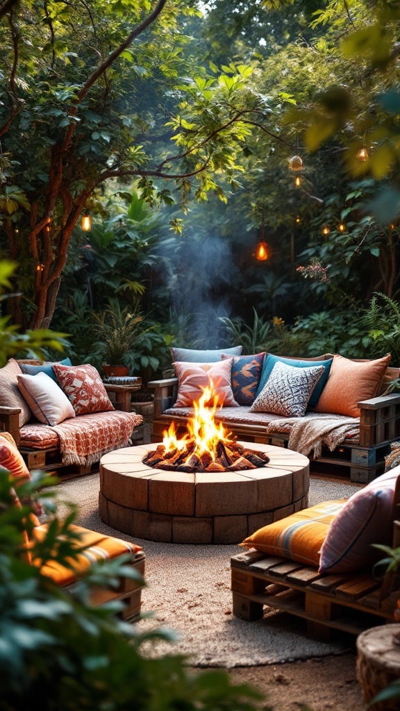 Cozy wooden pallet seating with cushions around a fire pit in a lush garden