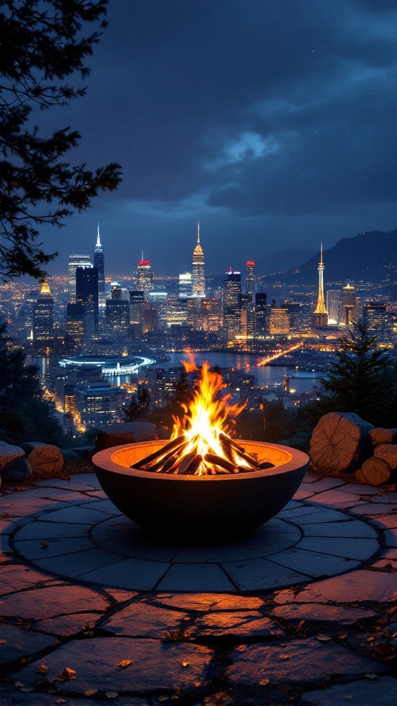 A view of a city skyline at night with a fire pit in the foreground.