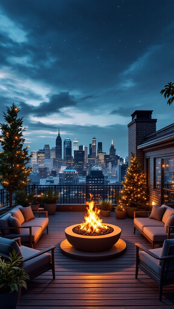 Cozy rooftop terrace with a fire pit and city skyline at night