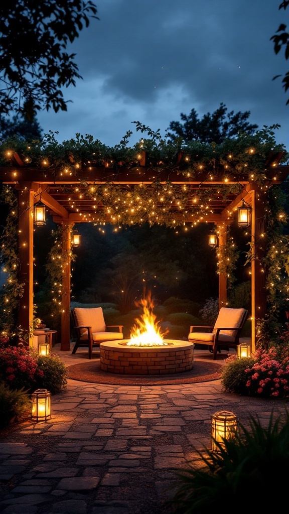 A romantic outdoor setting featuring a pergola with fairy lights, a fire pit, and lanterns, creating an inviting atmosphere.