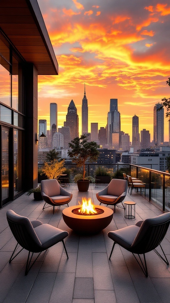 A cozy urban balcony with a fire pit surrounded by modern seating and a skyline view at sunset.