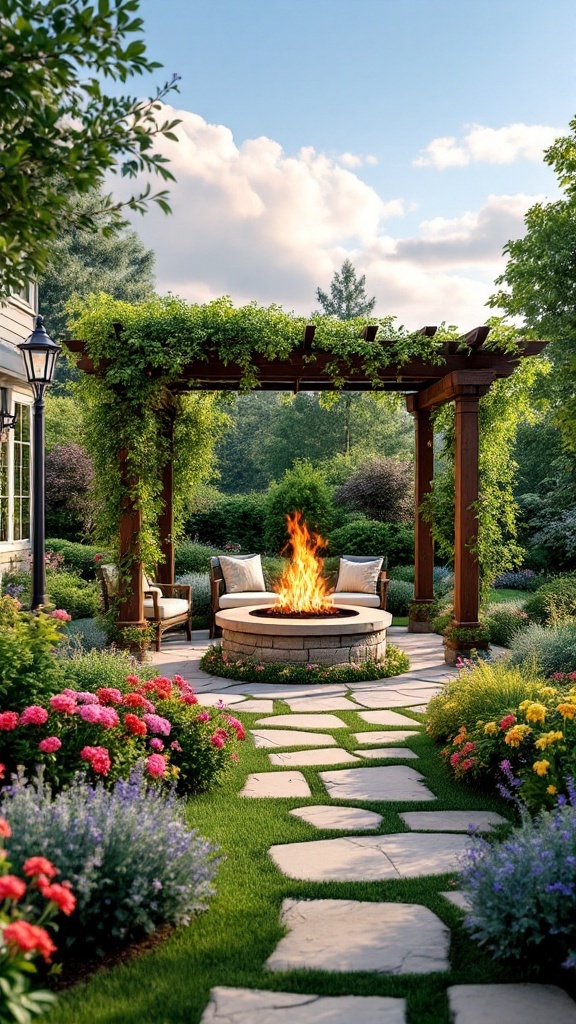 A beautiful outdoor space featuring a pergola, fire pit, and colorful flower beds