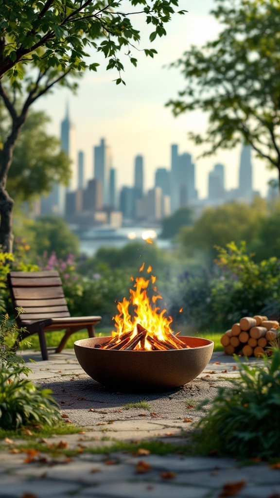 A cozy fire pit in an urban garden setting with a city skyline in the background.