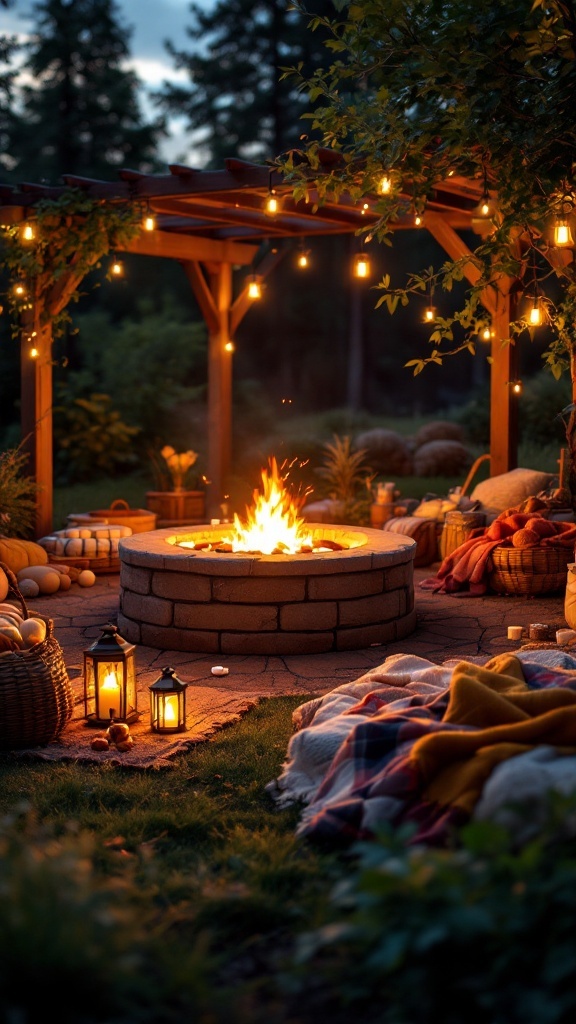 A cozy outdoor setting featuring a fire pit surrounded by soft blankets and illuminated by string lights under a pergola.