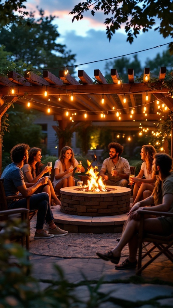 A group of friends sitting around a fire pit under a pergola, enjoying drinks and conversation on a warm evening.