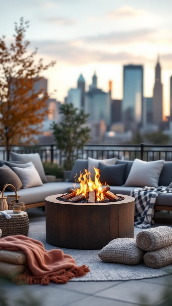 A cozy fire pit setting on a balcony with a city skyline in the background, featuring comfortable seating and warm blankets.