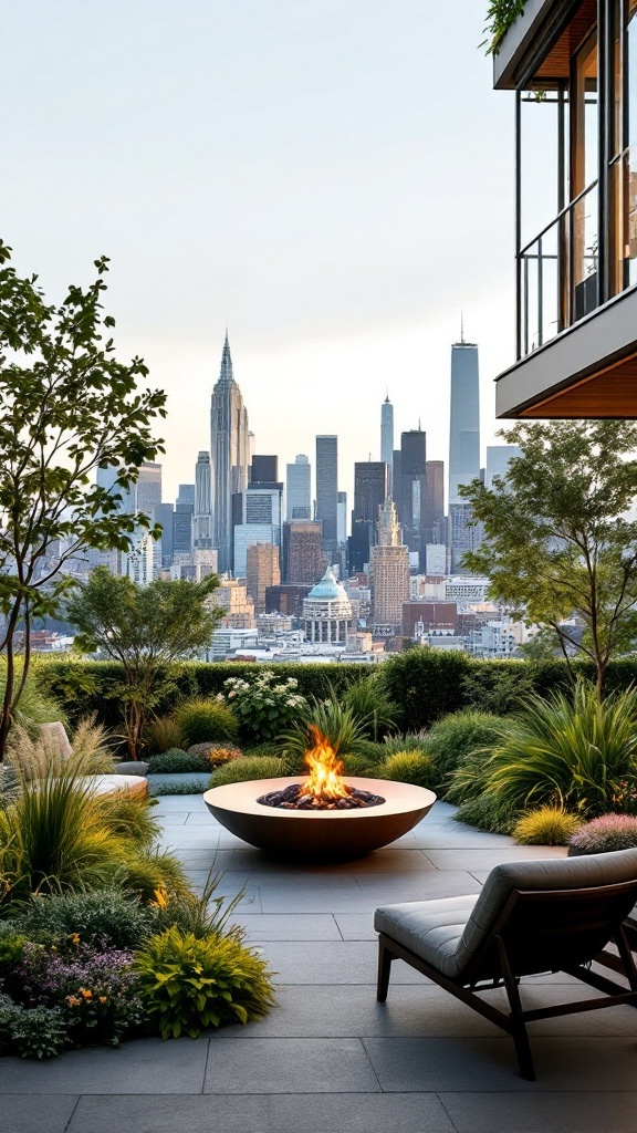 A modern fire pit surrounded by greenery, with a city skyline in the background.