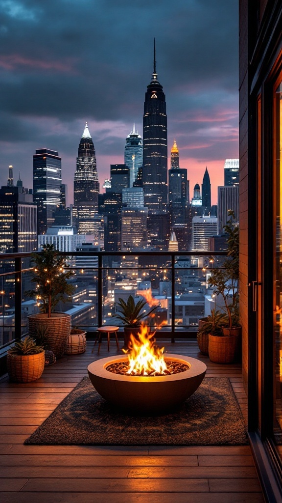 A city skyline view from a balcony featuring a fire pit surrounded by plants and cozy decor.