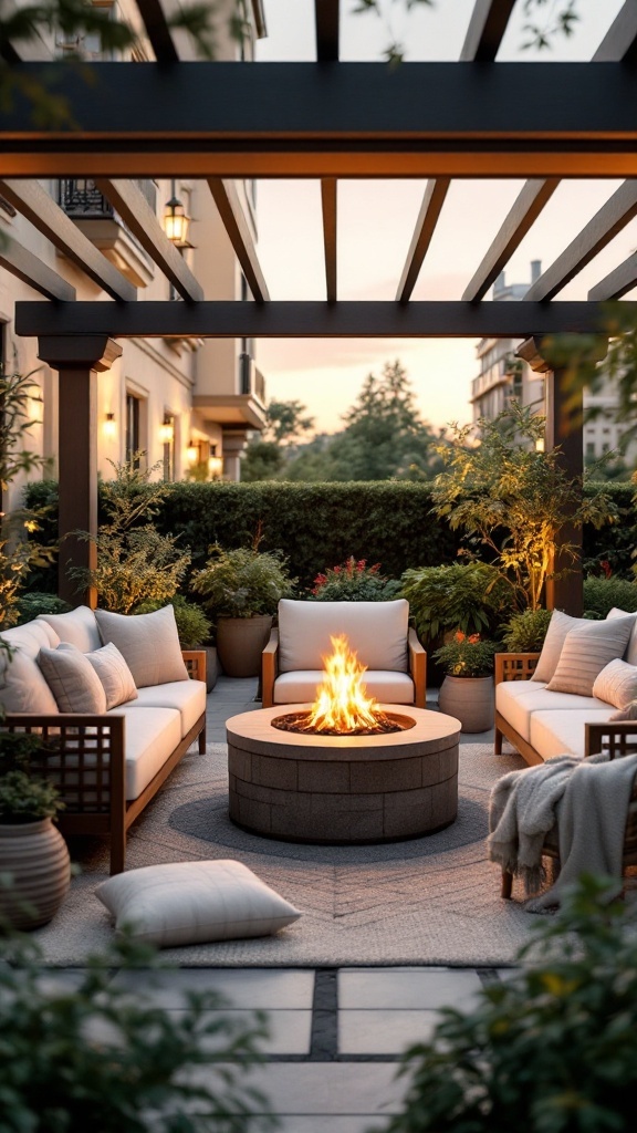 A cozy seating area around a fire pit under a pergola surrounded by greenery.