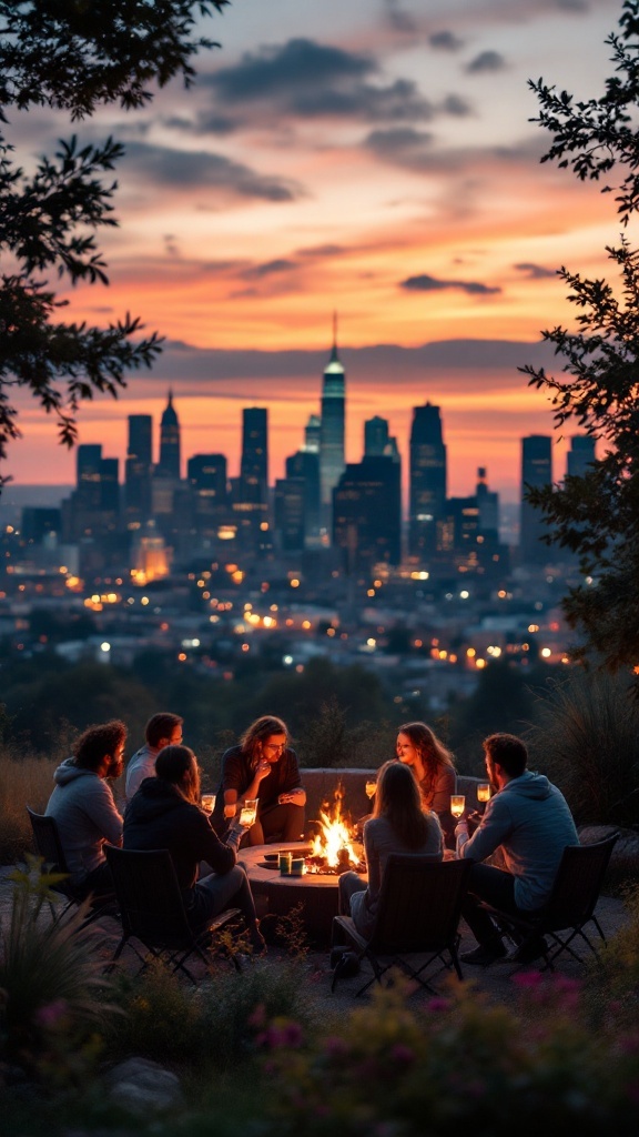 Group of friends gathered around a fire pit with a city skyline in the background at sunset.