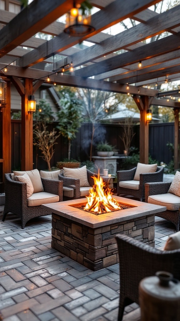 Cozy outdoor setting with a fire pit surrounded by chairs, a pergola, and string lights