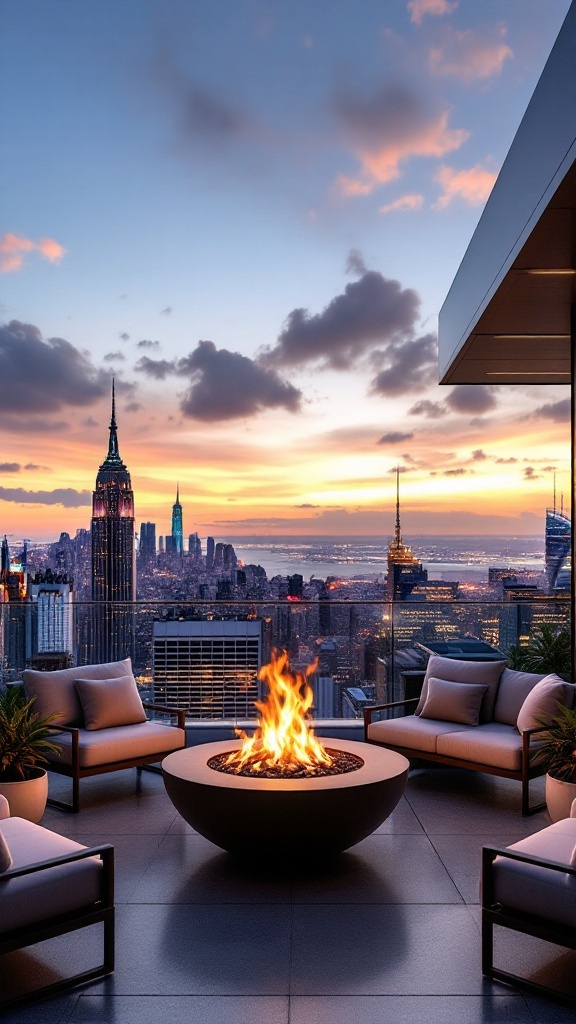 A modern fire pit on a rooftop with city skyline in the background.